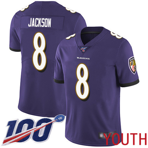 Baltimore Ravens Limited Purple Youth Lamar Jackson Home Jersey NFL Football #8 100th Season Vapor Untouchable